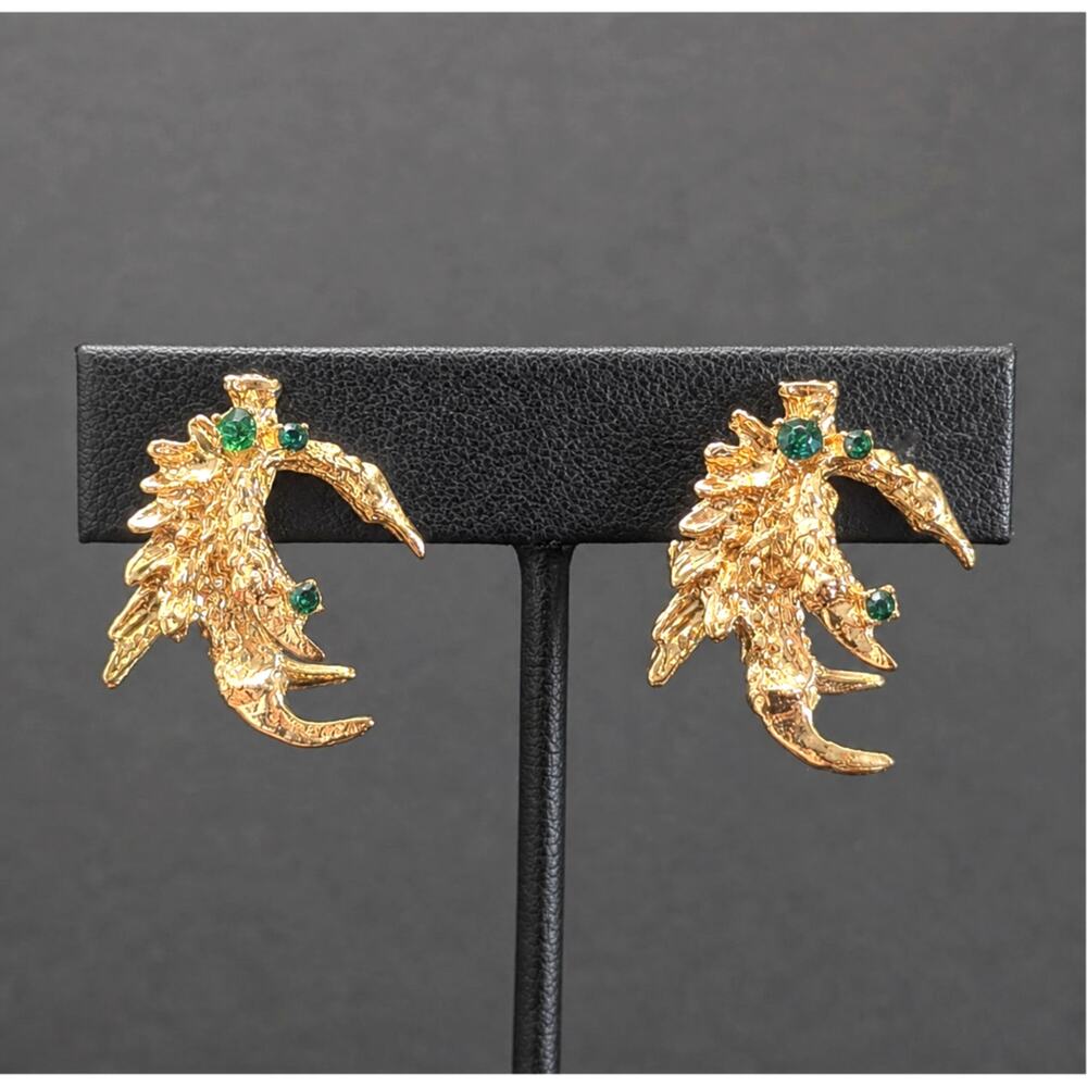 Vintage Clip On Earrings Stunning Gold Tone & Green Gems Large Statement
